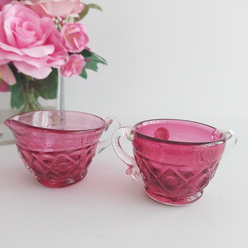 Rossi Glass Hand Blown Pink Cranberry Glass Cream Sugar Set